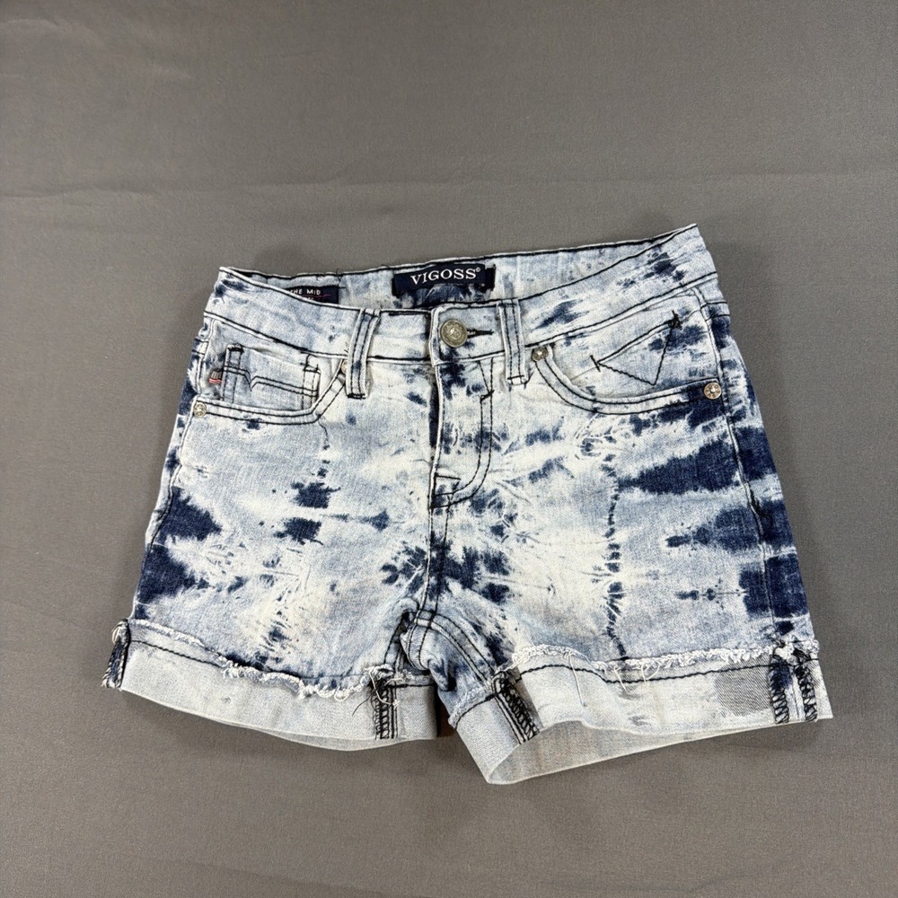 VIGOSS JEANS Shorts Girls Size 12 Blue Denim Y2K Rhinestones Buttons Cuffed Mini